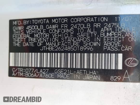 2008 Lexus IS 350 с VIN JTHBE262485018996, выставлен на аукционе IAAI как лот 43187324 с пробегом 245 498 миль миль и . История ставок и продаж доступна на DreamBid. Изображение 9.