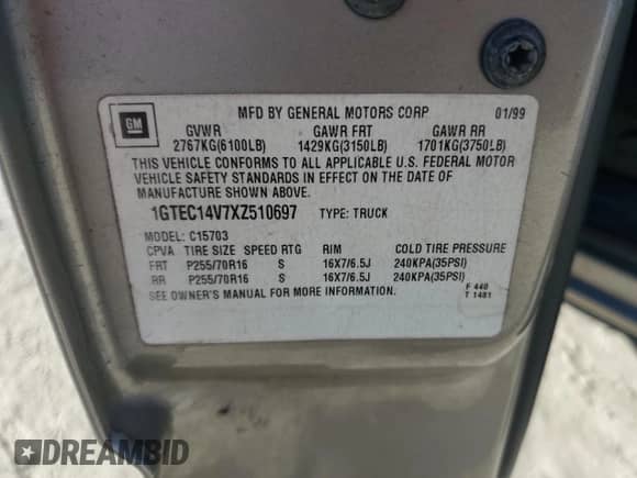 1999 GMC Sierra 1500 SLE с VIN 1GTEC14V7XZ510697, выставлен на аукционе Copart как лот 42697165 с пробегом 284 407 миль миль и Списание • Salvage title. История ставок и продаж доступна на DreamBid. Изображение 14.