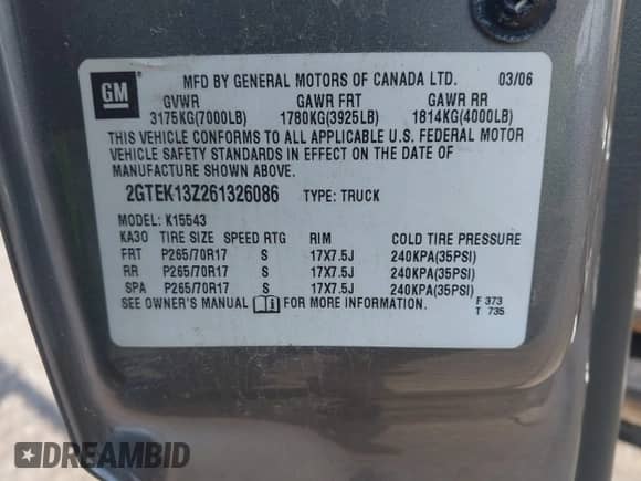 2006 GMC Sierra 1500 SLT with VIN 2GTEK13Z261326086, listed as a IAAI auction lot 42958079 with 144,604 mi miles and . Bid and sale history available at DreamBid. Image 9.