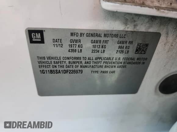 2013 Chevrolet Malibu LS с VIN 1G11B5SA1DF226979, выставлен на аукционе Copart как лот 81425975 с пробегом 149 729 миль миль и Списание • Salvage title. История ставок и продаж доступна на DreamBid. Изображение 12.