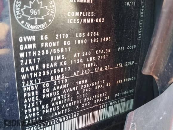 2012 Volkswagen Tiguan S с VIN WVGCV7AX2CW534360, выставлен на аукционе Copart как лот 87275795 с пробегом 244 440 миль миль и Чистый • Clean title. История ставок и продаж доступна на DreamBid. Изображение 13.