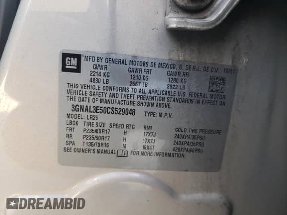 2012 Chevrolet Captiva Sport LT с VIN 3GNAL3E50CS529048, выставлен на аукционе Copart как лот 69201734 с пробегом 148 755 миль миль и Чистый • Clean title. История ставок и продаж доступна на DreamBid. Изображение 13.