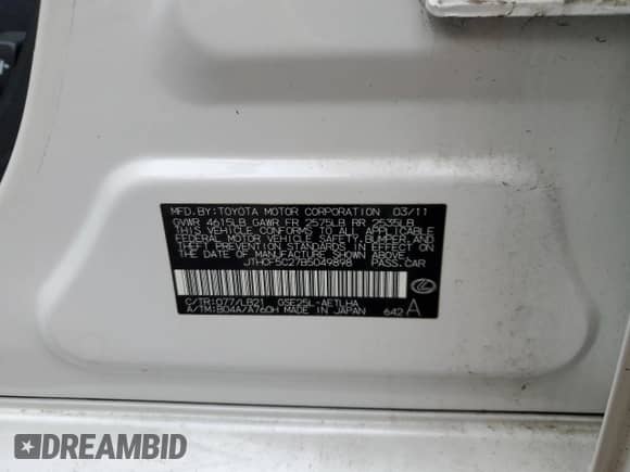 2011 Lexus IS 250 with VIN JTHCF5C27B5049898, listed as a Copart auction lot 87210425 with Not provided miles and Salvage title. Bid and sale history available at DreamBid. Image 12.