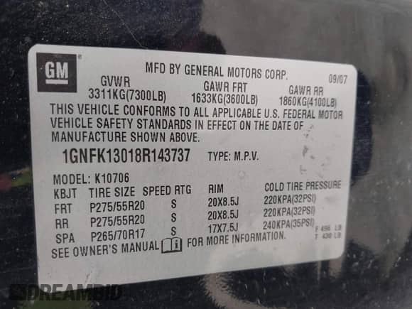 2008 Chevrolet Tahoe LTZ с VIN 1GNFK13018R143737, выставлен на аукционе IAAI как лот 42220433 с пробегом 198 598 миль миль и . История ставок и продаж доступна на DreamBid. Изображение 9.
