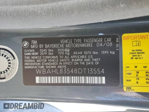 2008 BMW 7 Series 750i с VIN WBAHL83548DT13554, выставлен на аукционе Copart как лот 69658185 с пробегом 139 347 миль миль и Чистый • Clean title. История ставок и продаж доступна на DreamBid. Изображение 12.
