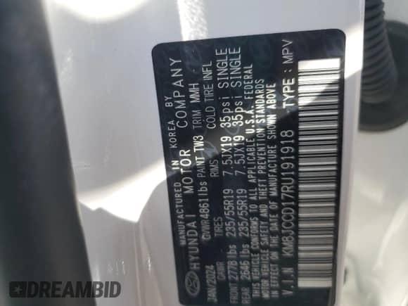 2024 Hyundai Tucson SEL Convenience with VIN KM8JCCD17RU191918, listed as a Copart auction lot 84594115 with 7,534 mi miles and Non repairable. Bid and sale history available at DreamBid. Image 13.