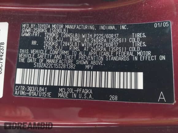 2005 Toyota Sienna XLE Limited z VIN 5TDZA22C15S281382, wystawiony jako IAAI lot #43300575 z przebiegiem 141 246 mil mil oraz . Historia ofert i sprzedaży dostępna na DreamBid. Obrazek 9.