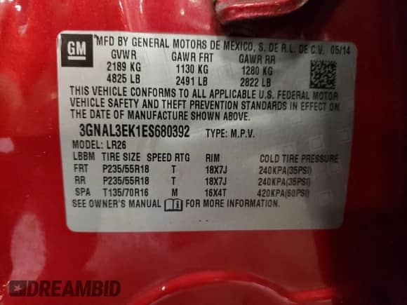 2014 Chevrolet Captiva Sport LT с VIN 3GNAL3EK1ES680392, выставлен на аукционе Copart как лот 65120464 с пробегом 110 510 миль миль и Списание • Salvage title. История ставок и продаж доступна на DreamBid. Изображение 16.