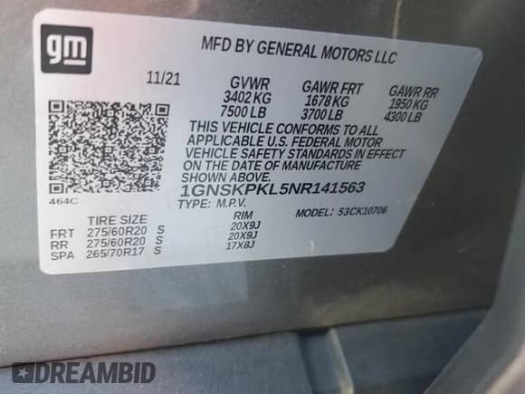 2022 Chevrolet Tahoe Z71 with VIN 1GNSKPKL5NR141563, listed as a Copart auction lot 45292915 with 30,715 mi miles and Salvage title. Bid and sale history available at DreamBid. Image 16.