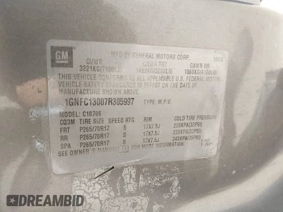 2007 Chevrolet Tahoe LTZ с VIN 1GNFC13007R305997, выставлен на аукционе IAAI как лот 42464369 с пробегом Не указан миль и . История ставок и продаж доступна на DreamBid. Изображение 9.