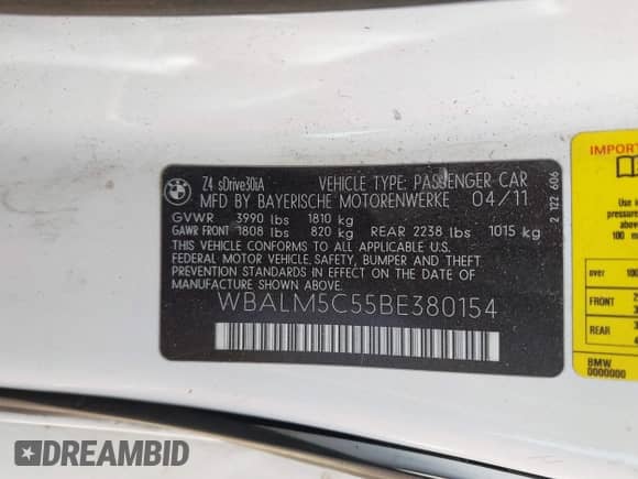 2011 BMW Z4 sDrive30i с VIN WBALM5C55BE380154, выставлен на аукционе IAAI как лот 41815724 с пробегом 118 062 миль миль и . История ставок и продаж доступна на DreamBid. Изображение 9.