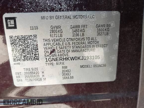 2019 Chevrolet Traverse LT with VIN 1GNERHKW0KJ193105, listed as a IAAI auction lot 42817434 with 110,523 mi miles and . Bid and sale history available at DreamBid. Image 9.