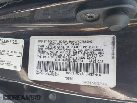 2002 Toyota Camry XLE with VIN 4T1BF32K22U503284, listed as a IAAI auction lot 42563001 with 138,316 mi miles and . Bid and sale history available at DreamBid. Image 9.