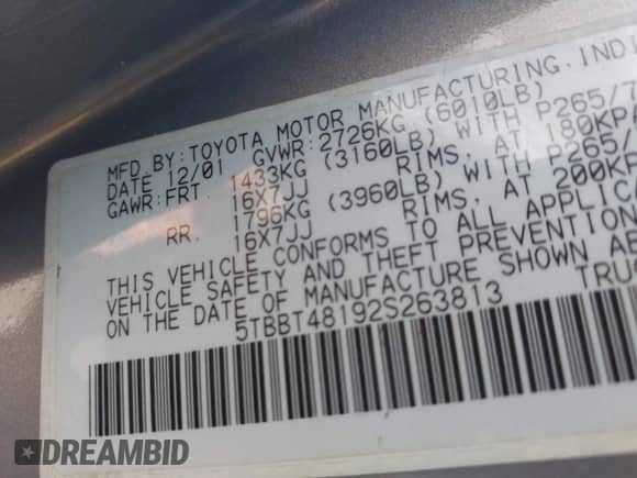 2002 Toyota Tundra Limited z VIN 5TBBT48192S263813, wystawiony jako IAAI lot #43491595 z przebiegiem 376 267 mil mil oraz . Historia ofert i sprzedaży dostępna na DreamBid. Obrazek 9.