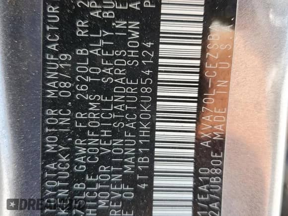 2019 Toyota Camry SE z VIN 4T1B11HK0KU854124, wystawiony jako Copart lot #85765085 z przebiegiem 103 133 mil mil oraz Szkoda całkowita • Salvage title. Historia ofert i sprzedaży dostępna na DreamBid. Obrazek 12.