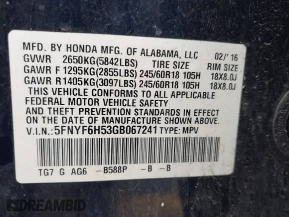 2016 Honda Pilot EX-L z VIN 5FNYF6H53GB067241, wystawiony jako IAAI lot #43068716 z przebiegiem 168 111 mil mil oraz . Historia ofert i sprzedaży dostępna na DreamBid. Obrazek 9.