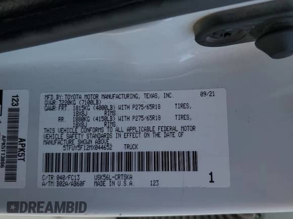 2021 Toyota Tundra SR5 z VIN 5TFUY5F12MX044652, wystawiony jako Copart lot #85121455 z przebiegiem 60 761 mil mil oraz Szkoda całkowita • Salvage title. Historia ofert i sprzedaży dostępna na DreamBid. Obrazek 12.
