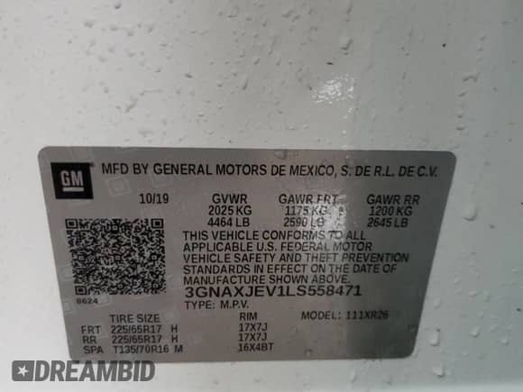 2020 Chevrolet Equinox LT с VIN 3GNAXJEV1LS558471, выставлен на аукционе Copart как лот 64515965 с пробегом 72 965 миль миль и Списание • Salvage title. История ставок и продаж доступна на DreamBid. Изображение 13.