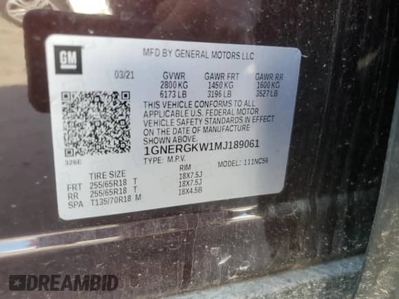 2021 Chevrolet Traverse LT Cloth с VIN 1GNERGKW1MJ189061, выставлен на аукционе Copart как лот 63675345 с пробегом 134 805 миль миль и Списание • Salvage title. История ставок и продаж доступна на DreamBid. Изображение 13.