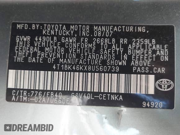 2008 Toyota Camry LE z VIN 4T1BK46KX8U560739, wystawiony jako IAAI lot #42812094 z przebiegiem 210 924 mil mil oraz . Historia ofert i sprzedaży dostępna na DreamBid. Obrazek 9.