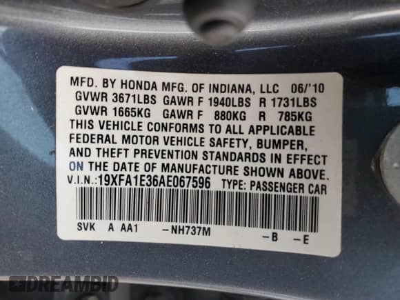 2010 Honda Civic с VIN 19XFA1E36AE067596, выставлен на аукционе Copart как лот 65795275 с пробегом 184 154 миль миль и Списание • Salvage title. История ставок и продаж доступна на DreamBid. Изображение 12.