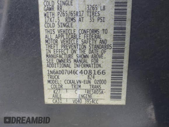 2006 Nissan Frontier LE with VIN 1N6AD07U46C408166, listed as a IAAI auction lot 41993146 with 66,406 mi miles and . Bid and sale history available at DreamBid. Image 9.