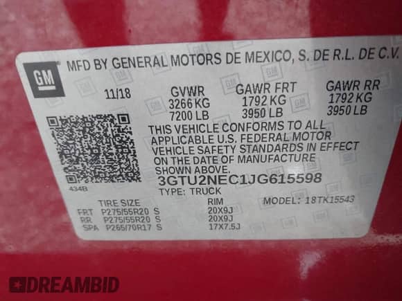 2018 GMC Sierra 1500 SLT with VIN 3GTU2NEC1JG615598, listed as a IAAI auction lot 42799297 with 110,230 mi miles and . Bid and sale history available at DreamBid. Image 9.
