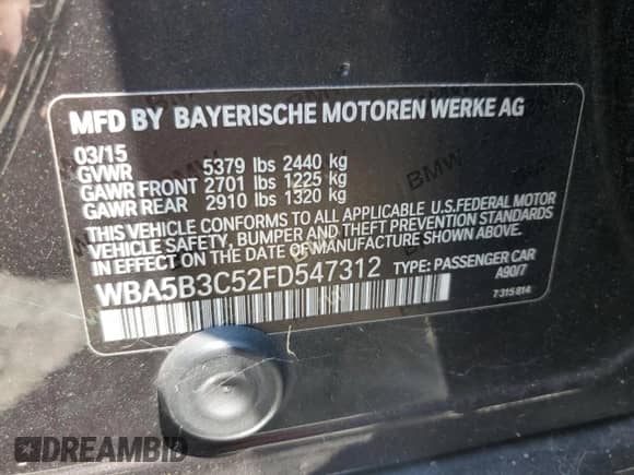 2015 BMW 5 Series 535i xDrive with VIN WBA5B3C52FD547312, listed as a Copart auction lot 66416015 with 134,895 mi miles and Salvage title. Bid and sale history available at DreamBid. Image 13.