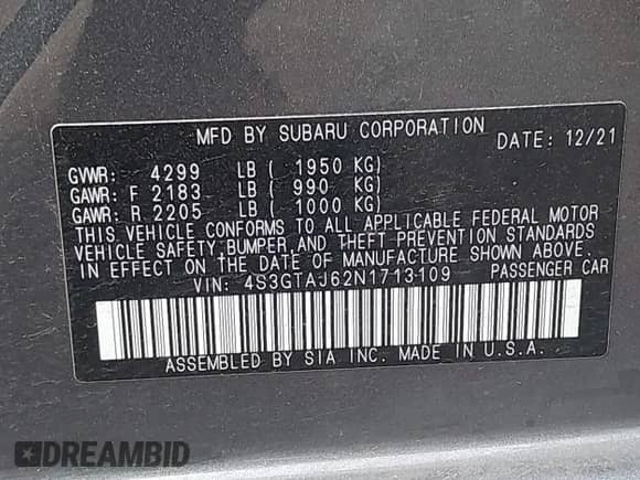 2022 Subaru Impreza Special Sports with VIN 4S3GTAJ62N1713109, listed as a IAAI auction lot 42396201 with 26,487 mi miles and . Bid and sale history available at DreamBid. Image 9.