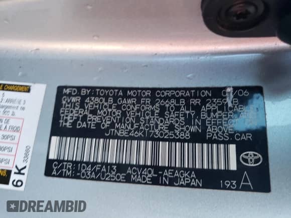 2007 Toyota Camry XLE with VIN JTNBE46K173025388, listed as a Copart auction lot 81108795 with Not provided miles and Salvage title. Bid and sale history available at DreamBid. Image 12.