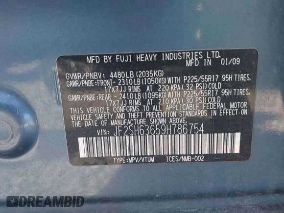 2009 Subaru Forester X with VIN JF2SH63659H786754, listed as a IAAI auction lot 43529829 with 111,679 mi miles and . Bid and sale history available at DreamBid. Image 9.