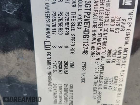 2013 GMC Sierra 1500 SLE with VIN 3GTP2VE74DG112748, listed as a Copart auction lot 82034905 with 189,696 mi miles and Clean title. Bid and sale history available at DreamBid. Image 12.