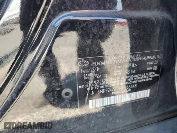 2017 Hyundai Sonata SE with VIN 5NPE24AF2HH565648, listed as a Copart auction lot 65968525 with Not provided miles and Salvage title. Bid and sale history available at DreamBid. Image 12.