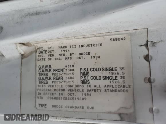 1995 Dodge Cargo с VIN 2B6HB21X2SK519609, выставлен на аукционе Copart как лот 76075104 с пробегом 108 397 миль миль и Списание • Salvage title. История ставок и продаж доступна на DreamBid. Изображение 13.