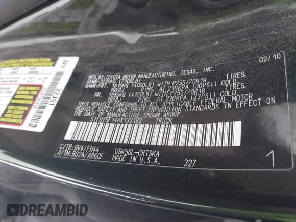 2010 Toyota Tundra with VIN 5TFUY5F14AX133182, listed as a IAAI auction lot 42419315 with 227,446 mi miles and . Bid and sale history available at DreamBid. Image 9.