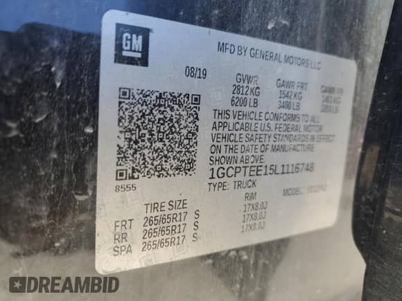 2020 Chevrolet Colorado 4WD ZR2 with VIN 1GCPTEE15L1116748, listed as a Copart auction lot 55498205 with 60,401 mi miles and Salvage title. Bid and sale history available at DreamBid. Image 13.