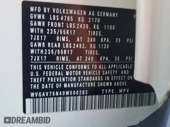 2009 Volkswagen Tiguan S with VIN WVGAV75N49W500283, listed as a Copart auction lot 69247675 with 66,204 mi miles and Salvage title. Bid and sale history available at DreamBid. Image 13.