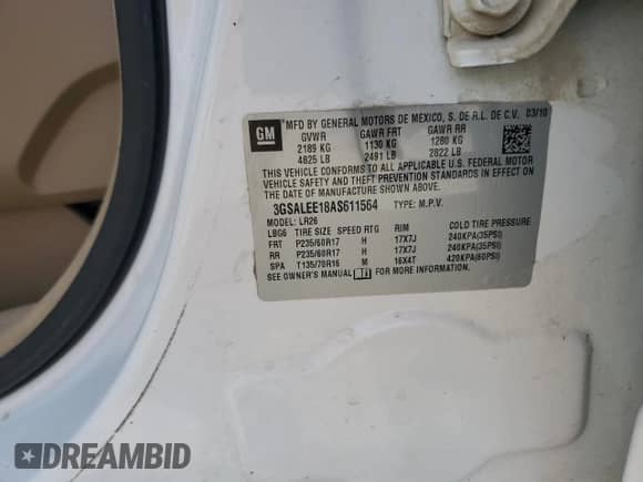 2010 Saturn VUE XR 1SB z VIN 3GSALEE18AS611564, wystawiony jako Copart lot #69053055 z przebiegiem Nie podano mil oraz Szkoda całkowita • Salvage title. Historia ofert i sprzedaży dostępna na DreamBid. Obrazek 12.