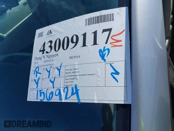 2013 Toyota Sienna L with VIN 5TDZK3DC4DS308136, listed as a IAAI auction lot 43009117 with 156,924 mi miles and . Bid and sale history available at DreamBid. Image 18.