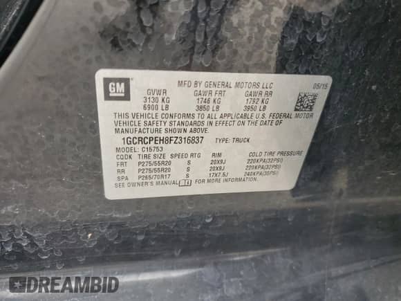2015 Chevrolet Silverado 1500 Work Truck с VIN 1GCRCPEH8FZ316837, выставлен на аукционе Copart как лот 71000835 с пробегом 166 170 миль миль и Списание • Salvage title. История ставок и продаж доступна на DreamBid. Изображение 12.