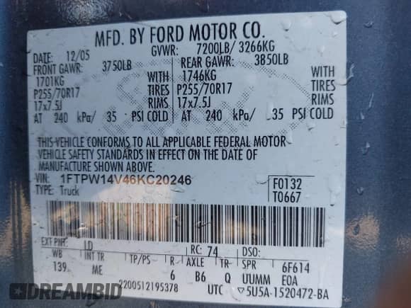 2006 Ford F-150 XLT with VIN 1FTPW14V46KC20246, listed as a IAAI auction lot 43564627 with 159,288 mi miles and . Bid and sale history available at DreamBid. Image 9.