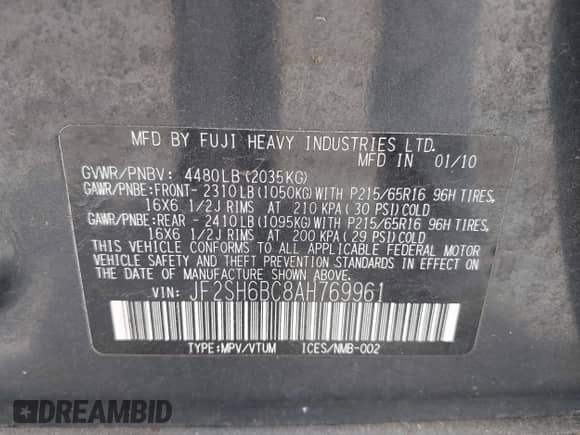 2010 Subaru Forester X z VIN JF2SH6BC8AH769961, wystawiony jako IAAI lot #42738547 z przebiegiem 128 441 mil mil oraz . Historia ofert i sprzedaży dostępna na DreamBid. Obrazek 9.