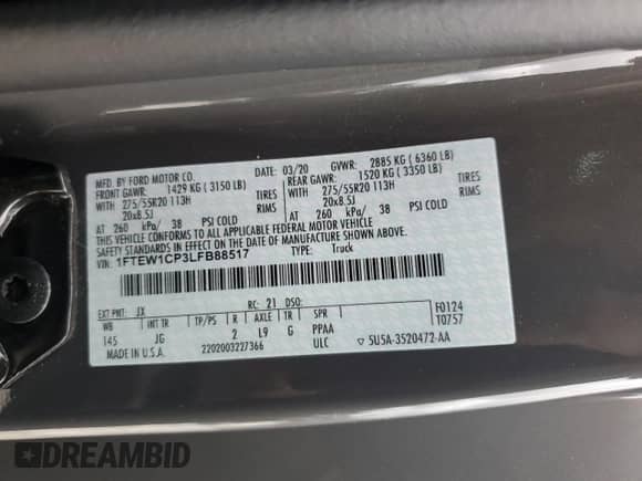 2020 Ford F-150 XL with VIN 1FTEW1CP3LFB88517, listed as a Copart auction lot 84359445 with 108,421 mi miles and Salvage title. Bid and sale history available at DreamBid. Image 12.