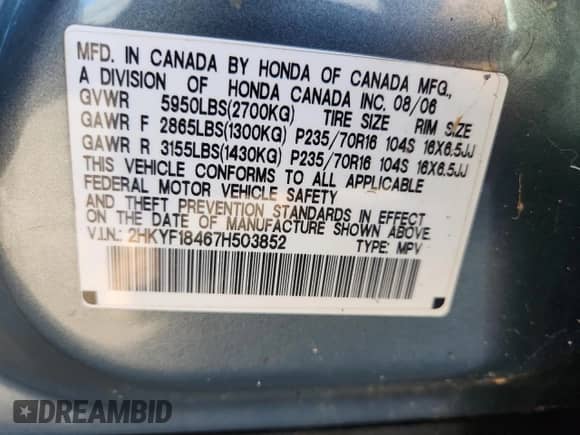 2007 Honda Pilot EX with VIN 2HKYF18467H503852, listed as a Copart auction lot 85647435 with 246,056 mi miles and Clean title. Bid and sale history available at DreamBid. Image 13.