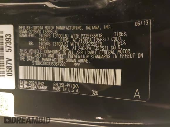 2013 Toyota Sienna XLE с VIN 5TDDK3DC0DS067993, выставлен на аукционе IAAI как лот 41597189 с пробегом 159 314 миль миль и . История ставок и продаж доступна на DreamBid. Изображение 9.