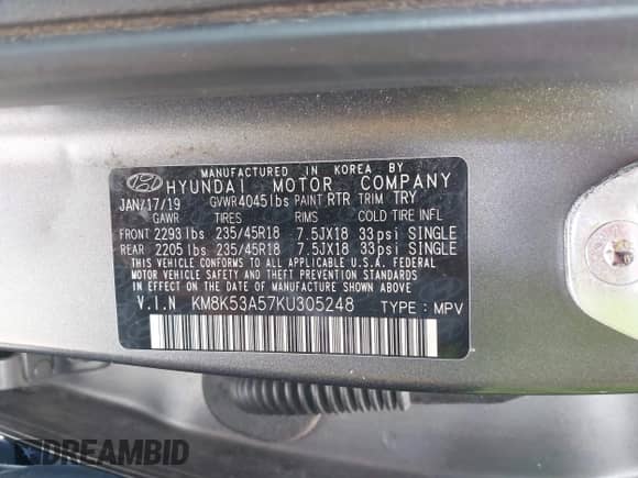 2019 Hyundai Kona Ultimate with VIN KM8K53A57KU305248, listed as a IAAI auction lot 42983089 with 58,329 mi miles and . Bid and sale history available at DreamBid. Image 9.