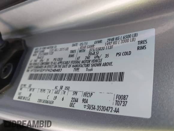 2015 Ford F-150 Lariat с VIN 1FTEW1EP1FKD48483, выставлен на аукционе IAAI как лот 43360029 с пробегом 226 995 миль миль и . История ставок и продаж доступна на DreamBid. Изображение 9.