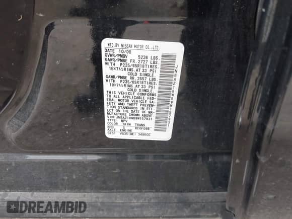 2009 Nissan Murano S with VIN JN8AZ18W89W157931, listed as a IAAI auction lot 43456137 with 208,849 mi miles and . Bid and sale history available at DreamBid. Image 9.