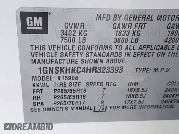 2017 Chevrolet Suburban LT с VIN 1GNSKHKC4HR323393, выставлен на аукционе IAAI как лот 43079708 с пробегом 209 001 миль миль и . История ставок и продаж доступна на DreamBid. Изображение 9.