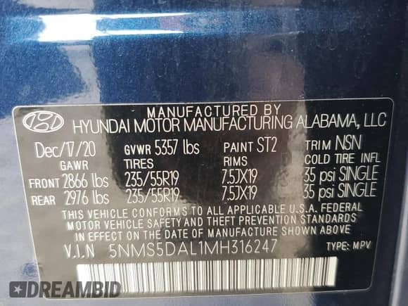 2021 Hyundai Santa Fe Calligraphy с VIN 5NMS5DAL1MH316247, выставлен на аукционе Copart как лот 63686564 с пробегом 54 291 миль миль и Чистый • Clean title. История ставок и продаж доступна на DreamBid. Изображение 15.